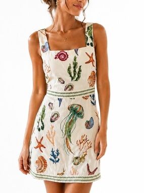 Caroline Constas Sea Life Print Linen Blend Dress
